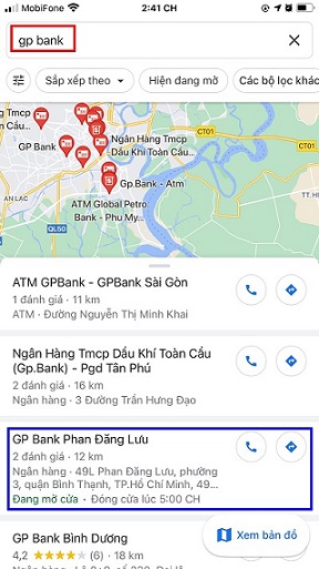 Tra cứu chi nhánh/PGD của GPBank trên google maps