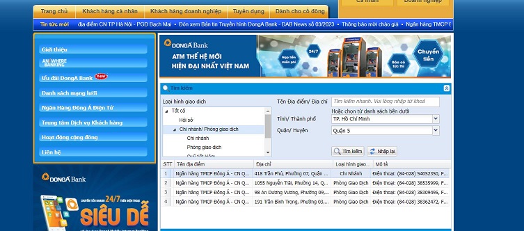 Giao diện trang web tra cứu số điện thoại ngân hàng Đông Á tại các chi nhánh